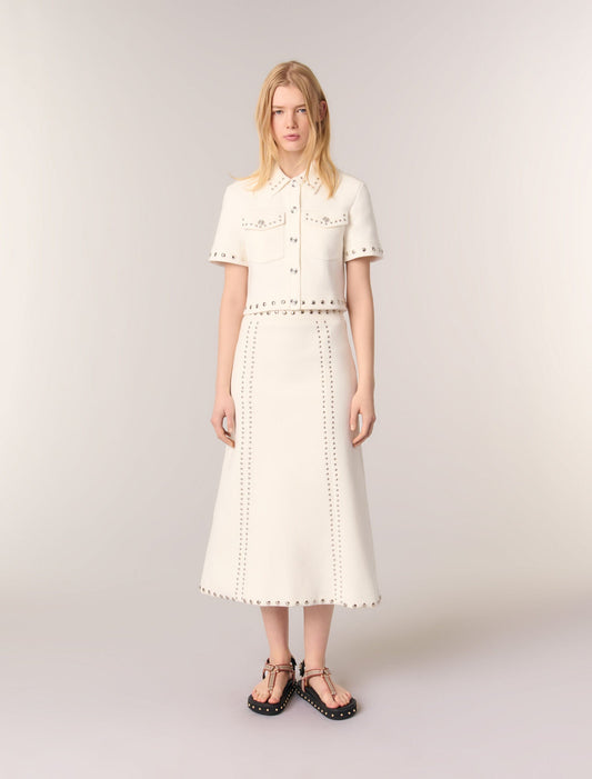 Ecru-featured-Knit midi skirt with studs