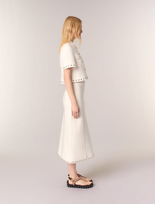 Ecru-Knit midi skirt with studs