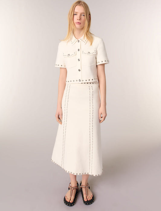 Ecru-Knit midi skirt with studs