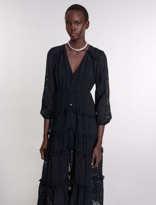 Black-Ruffled patterned maxi dress